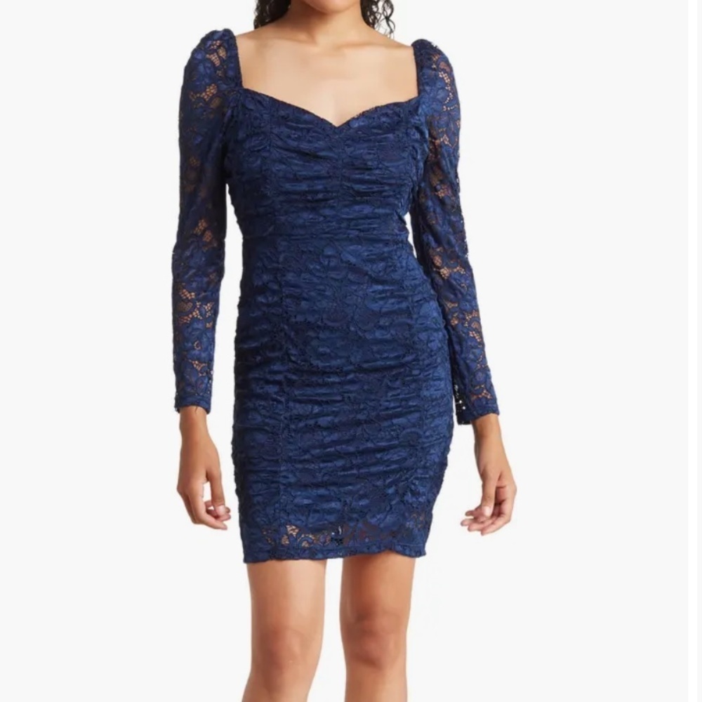 SAM EDELMAN Navy Ruched Long Sleeve Lace Minidress Size 4